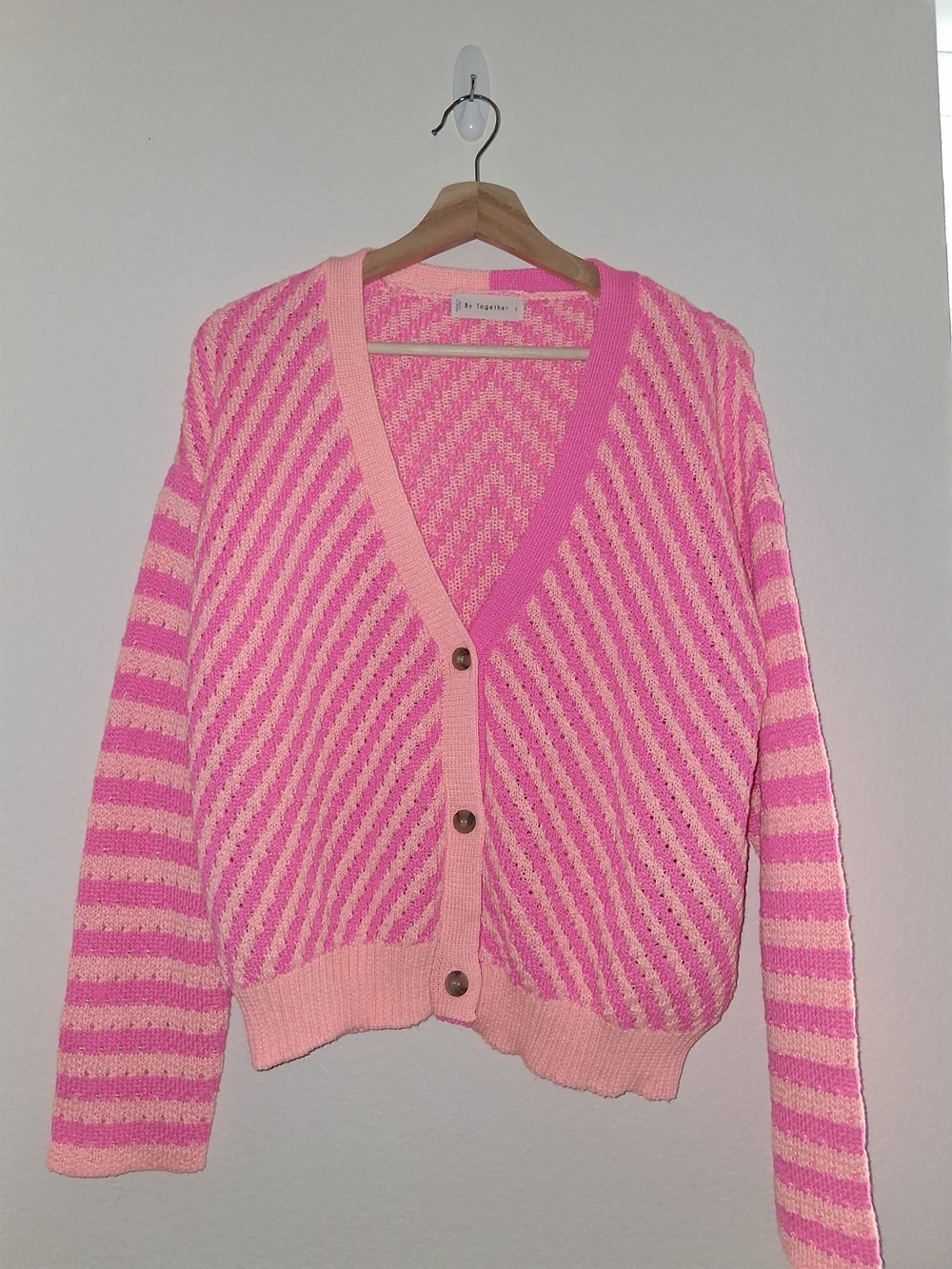 Pink Striped V-Neck Button Cardigan Sweater